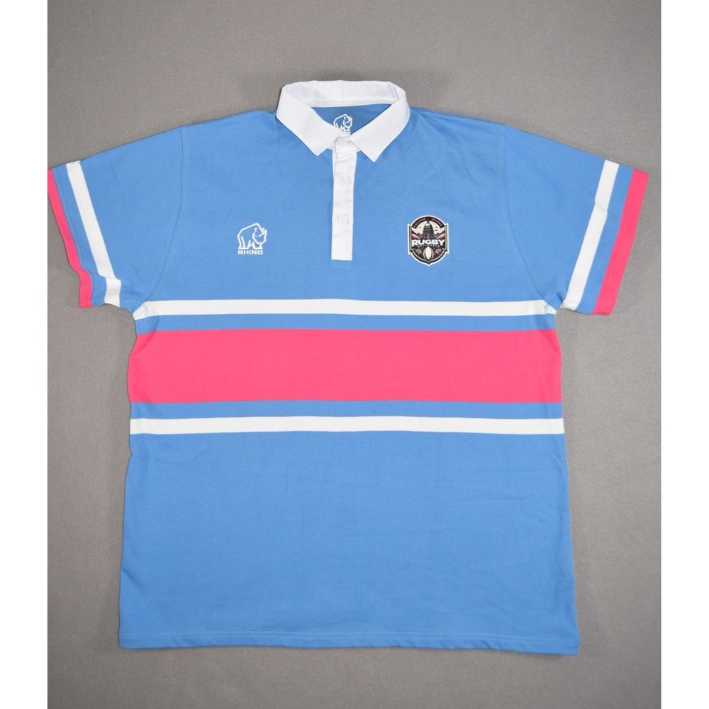 Rhino Rugby Shirt Mens 2XL Blue Pink Striped College Sevens Heavyweight Cotton